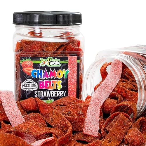 Dulces Colibri - Premium Strawberry Chamoy Belts | Dry Chamoy Coated Gummies | Mess Free | Handmade to Order | Long Lasting Flavor | 10oz Jar | Mix