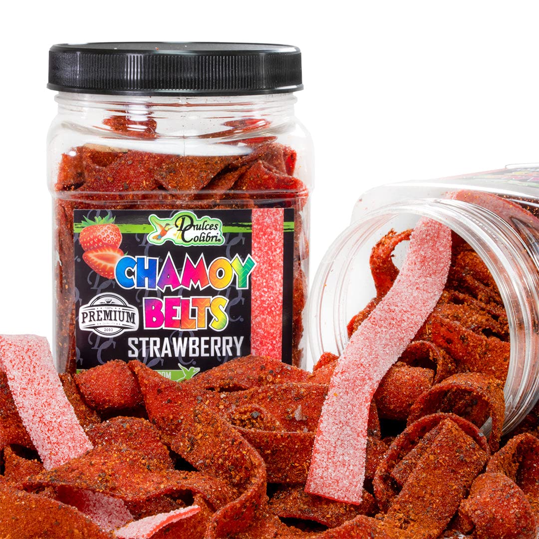 Dulces Colibri - Premium Strawberry Chamoy Belts | Dry Chamoy Coated Gummies | Mess Free | Handmade to Order | Long Lasting Flavor | 10oz Jar | Mix