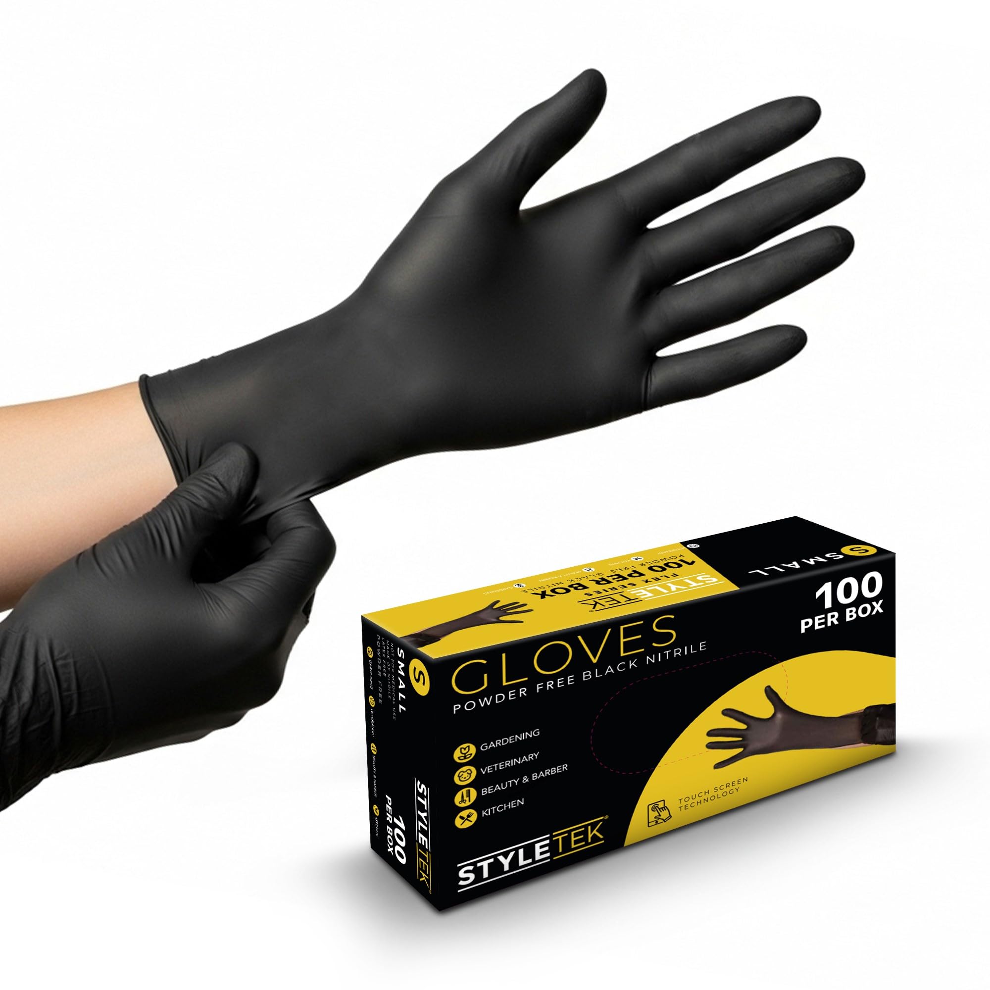 STYLETEK Nitrile Gloves, (100 Count) Powder-Free, Thick, Disposable Gloves for Salon, Cleaning, Gardening, Multi-Use,Black (SMALL)