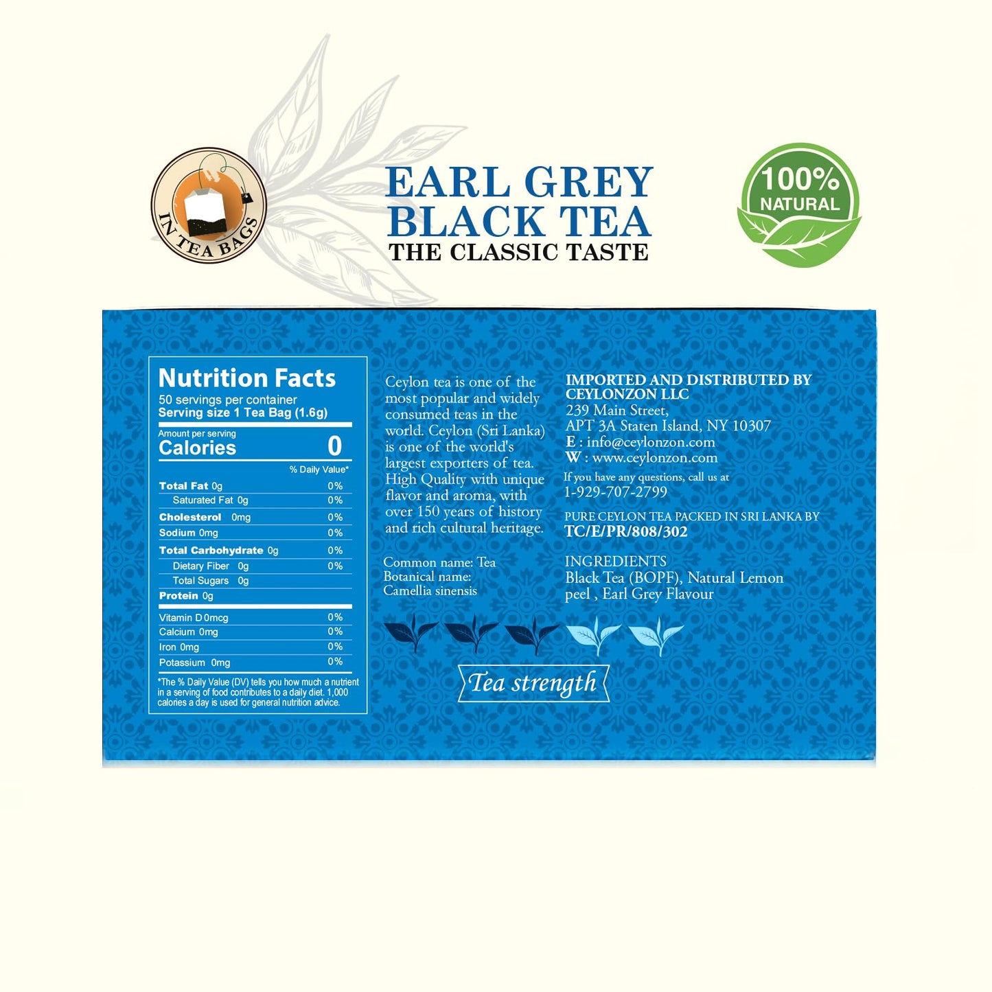 Ceylonzon Earl Grey Black Tea Classic Taste 50 Individually Foil-Wrapped Tea Bags, Infused with Pure Bergamot for a Bold, Aromatic Flavor
