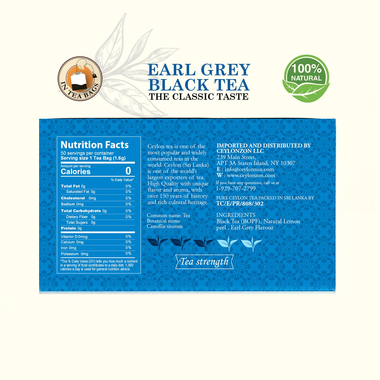 Ceylonzon Earl Grey Black Tea Classic Taste 50 Individually Foil-Wrapped Tea Bags, Infused with Pure Bergamot for a Bold, Aromatic Flavor