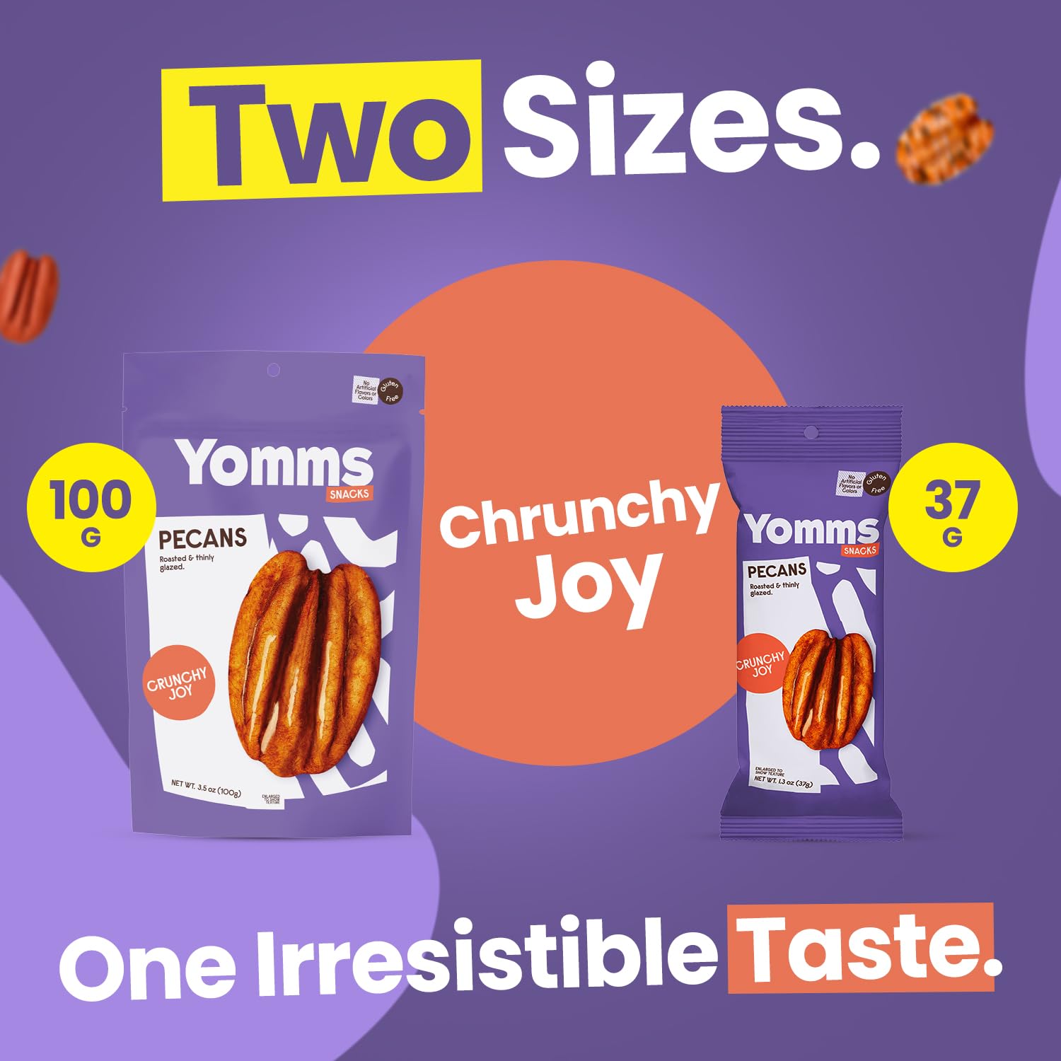 Yomms Crunchy Joy Glazed Whole Pecan Halves, 3.5 oz, Gluten-Free & Non-GMO Healthy Dessert Snack - Low Sugar Classic Candied Nut Pouch - Roasted