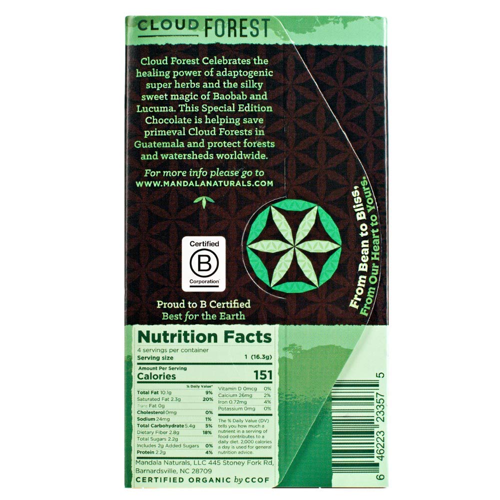 Mandala Superfood Low Glycemic Bean-to-Bar Chocolate (2.2 oz Bar) Organic, Artisan, Healthy, Vegan, Made with Adaptogens (Cloud Forest, 6-pack)
