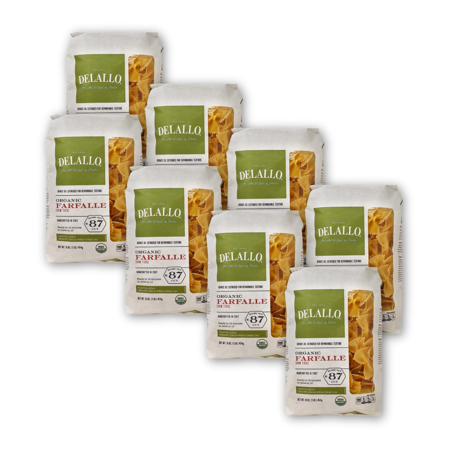 DeLallo Organic Farfalle Pasta, Made with Only 100% Semolina Durum Wheat Flour, Bronze Cut, Made in Italy, Kosher, Vegan, Non-GMO, Bow-Tie Pasta