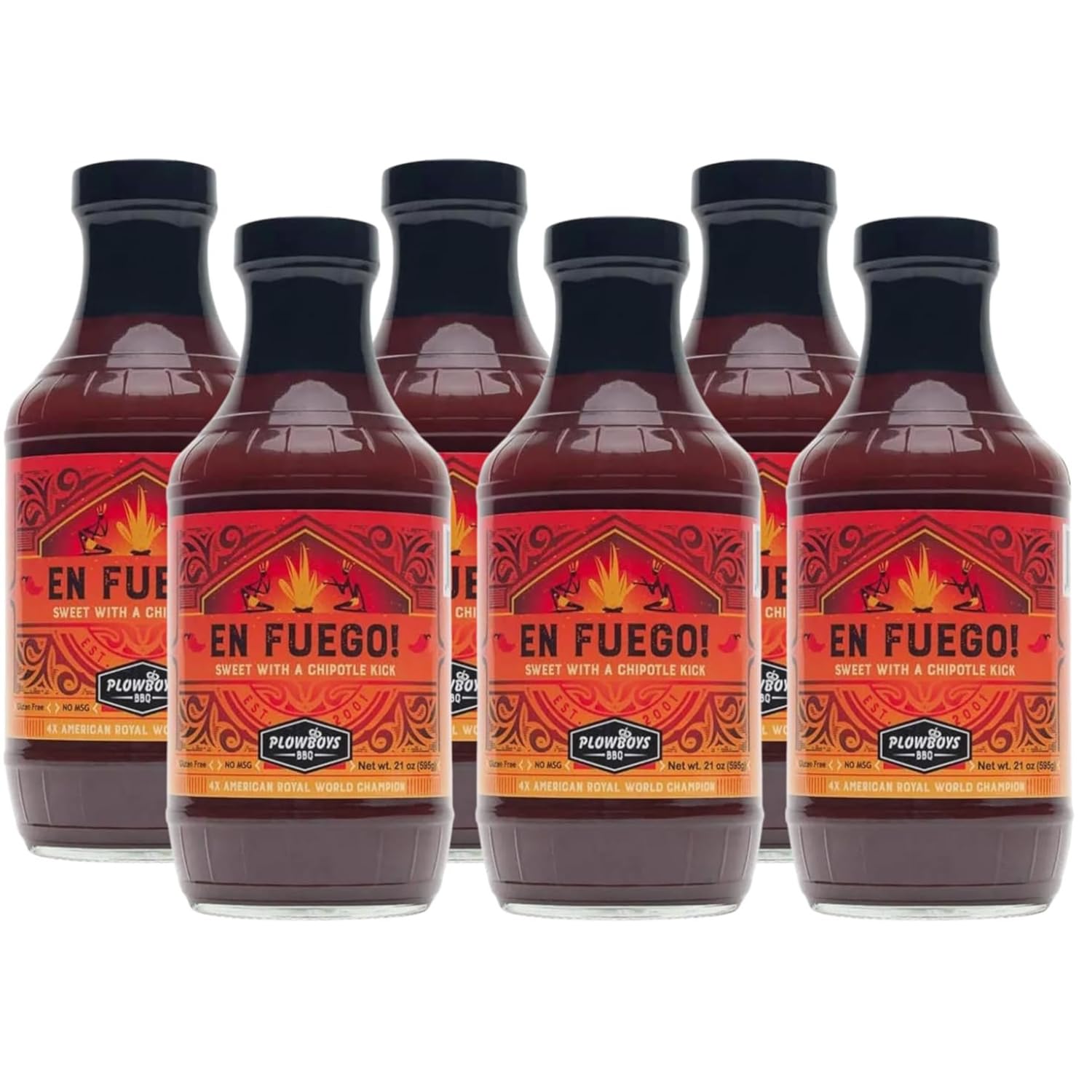 Plowboys En Fuego BBQ Sauce - Sweet & Spicy Competition Barbecue Sauce - Award-Winning KCBS Sauce for Chicken, Ribs, Pork & Beef (En Fuego, Pack of 6)