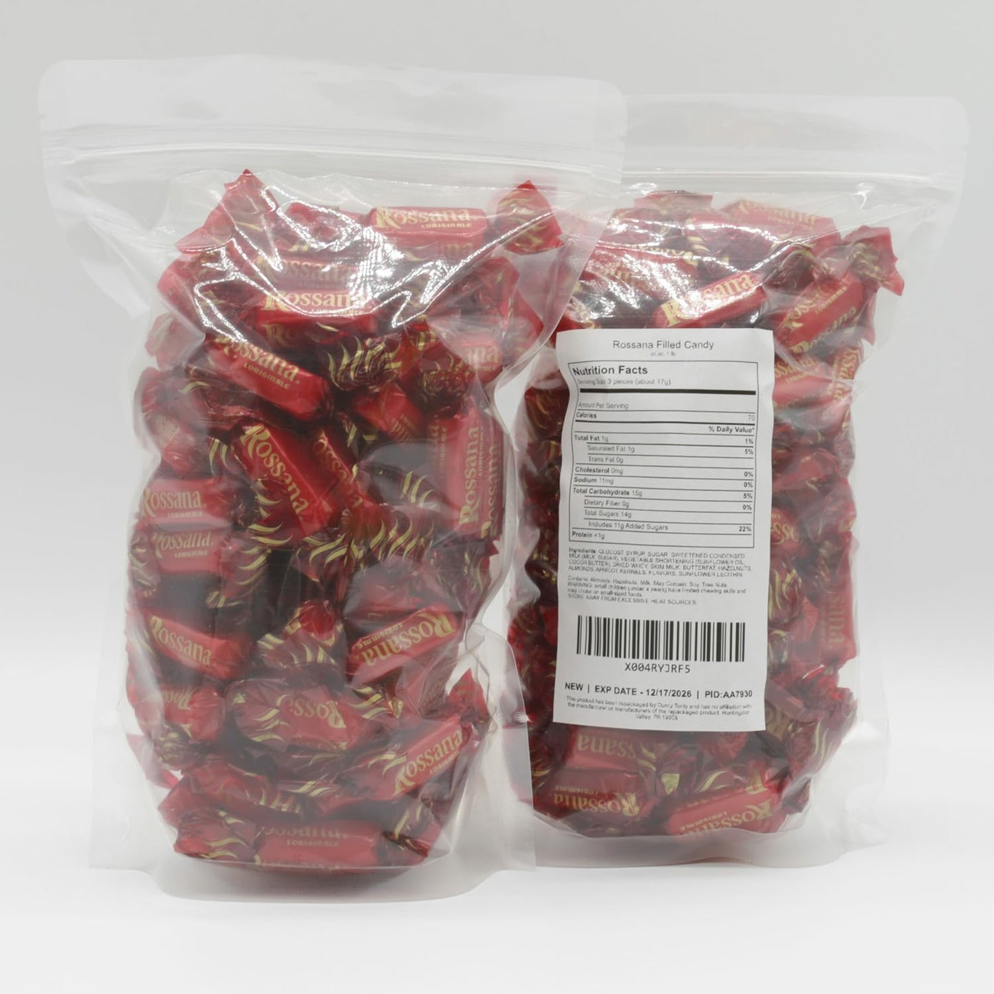 Rossana Italian Candy 1 lb | Real Almonds and Hazelnuts | Hard Shell with Creamy Filling, Individually Wrapped, Resealable Bag, Gluten Free
