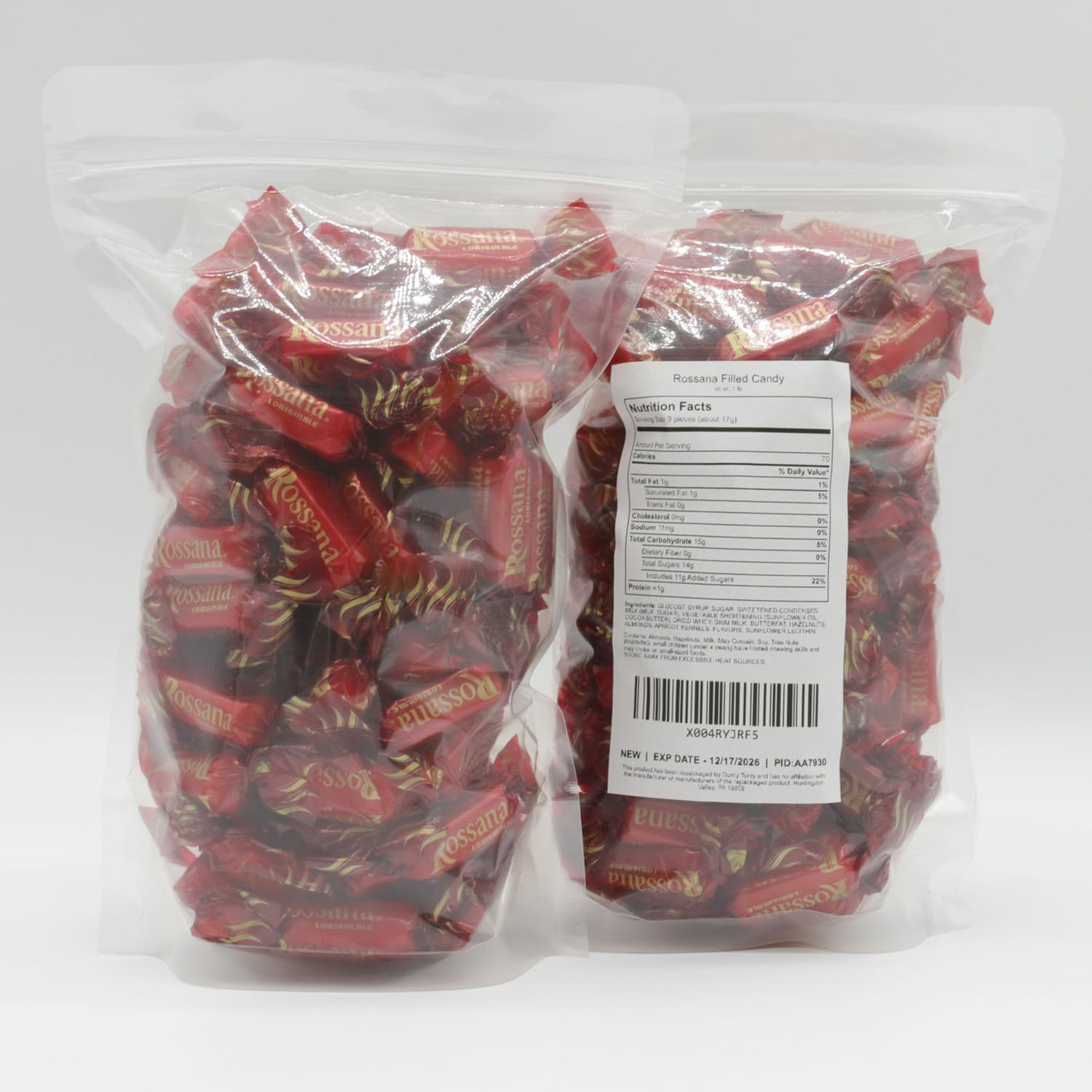 Rossana Italian Candy 1 lb | Real Almonds and Hazelnuts | Hard Shell with Creamy Filling, Individually Wrapped, Resealable Bag, Gluten Free
