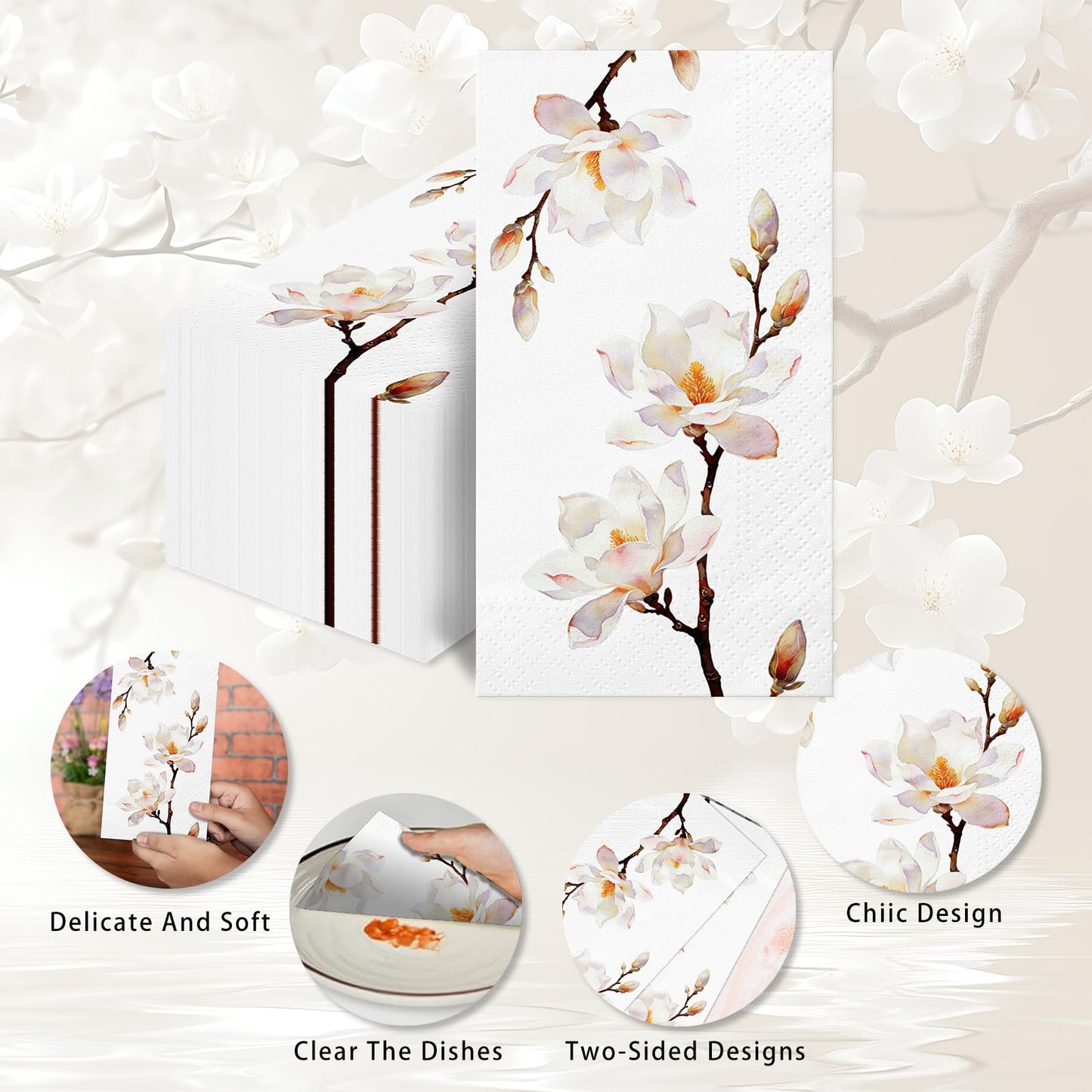 100Pcs Magnolia Paper Napkins | 2 Ply Spring Summer Fall wildflower Napkin for Decoupage, Tea Party Decoration, Mother's Day, Wedding, Bridal & Baby