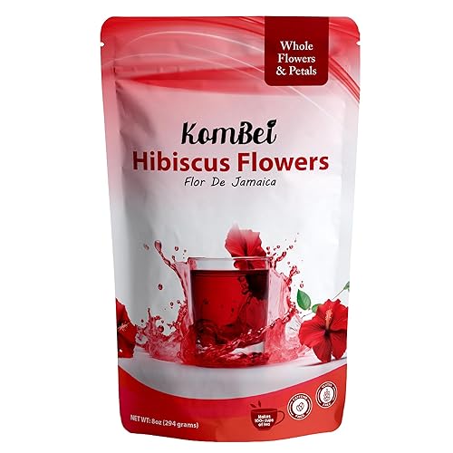 KomBei Whole Dried Hibiscus Flowers Loose Leaf Tea - Flor de Jamaica Natural (8oz) | Hibiscus Sabdariffa Whole Flowers & Petals | Dried Hibiscus Tea |