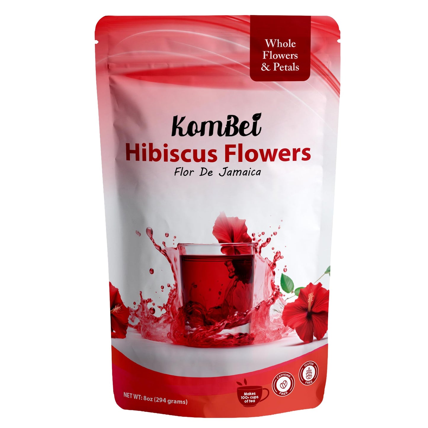 KomBei Whole Dried Hibiscus Flowers Loose Leaf Tea - Flor de Jamaica Natural (8oz) | Hibiscus Sabdariffa Whole Flowers & Petals | Dried Hibiscus Tea |