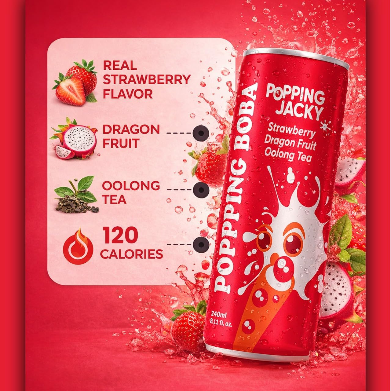 Popping Jacky Boba Tea Drink (Pack of 12) with Popping Boba Pearls - Ready to Drink Bottled Bubble Tea - Strawberry Dragon Fruit Oolong Fruit Tea