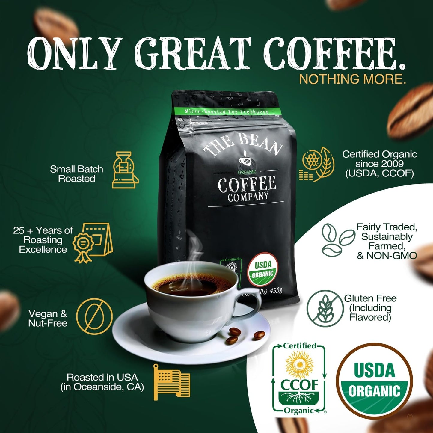 The Bean Organic Coffee Company Aloha Bean (Hawaiian Hazelnut), Medium Roast, Whole Bean Coffee, 16-Ounce Bags (Pack of 2)