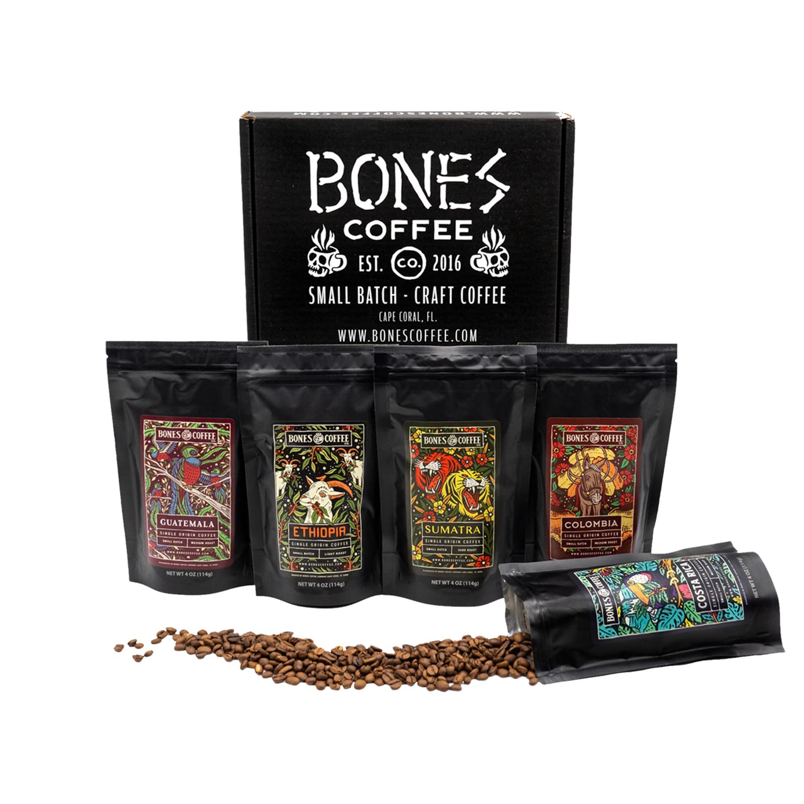 Bones Coffee Company NEW World Tour Sample Pack, Single-Origin Flavored Coffee Low Acid Medium Roast Arabica Beans Specialty Coffee Gifts Compatible
