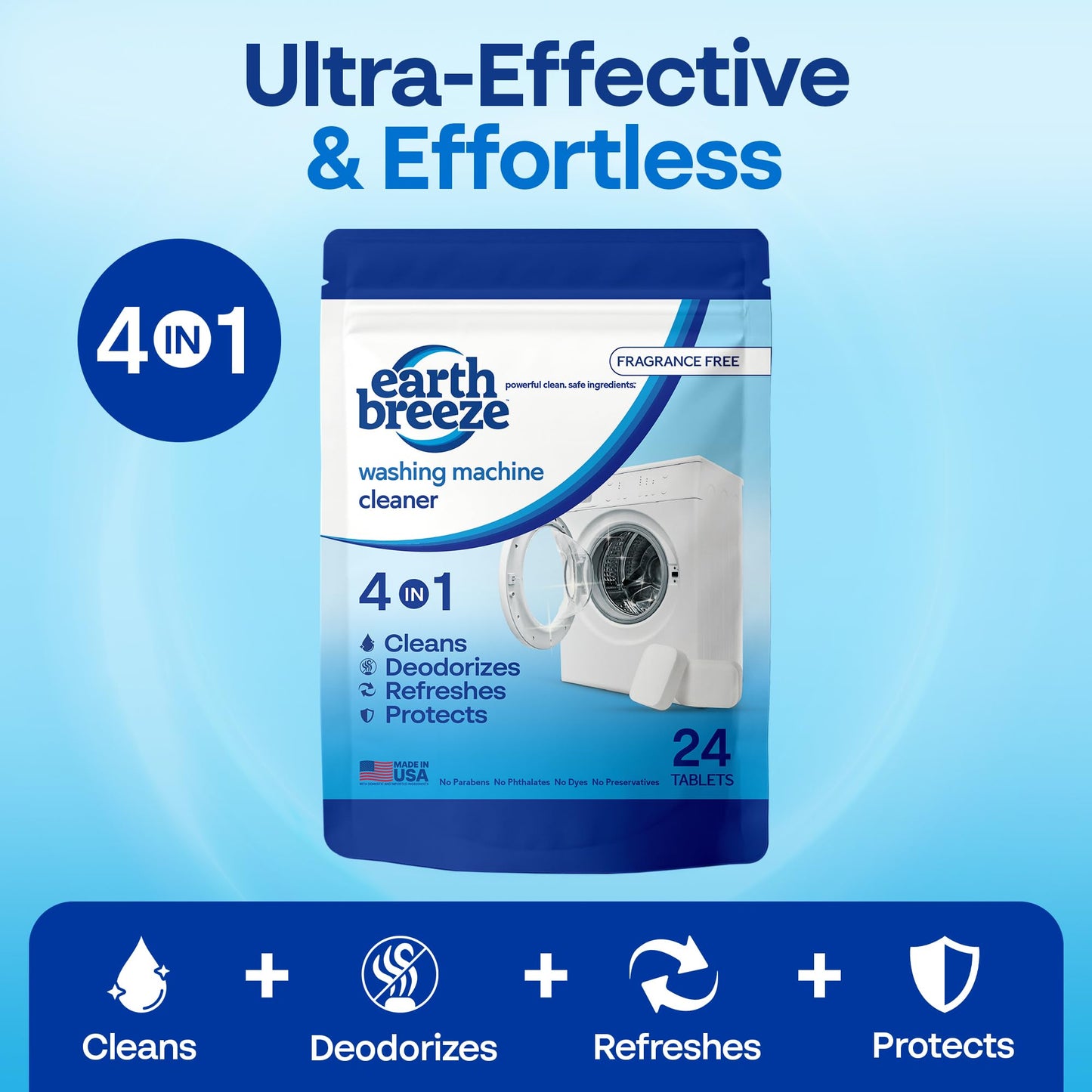 Earth Breeze Washing Machine Cleaner Tablets - 1 Year Supply - Deep Cleans, Removes Odors, Residue & Buildup - Front Load, Top Load & HE Washers