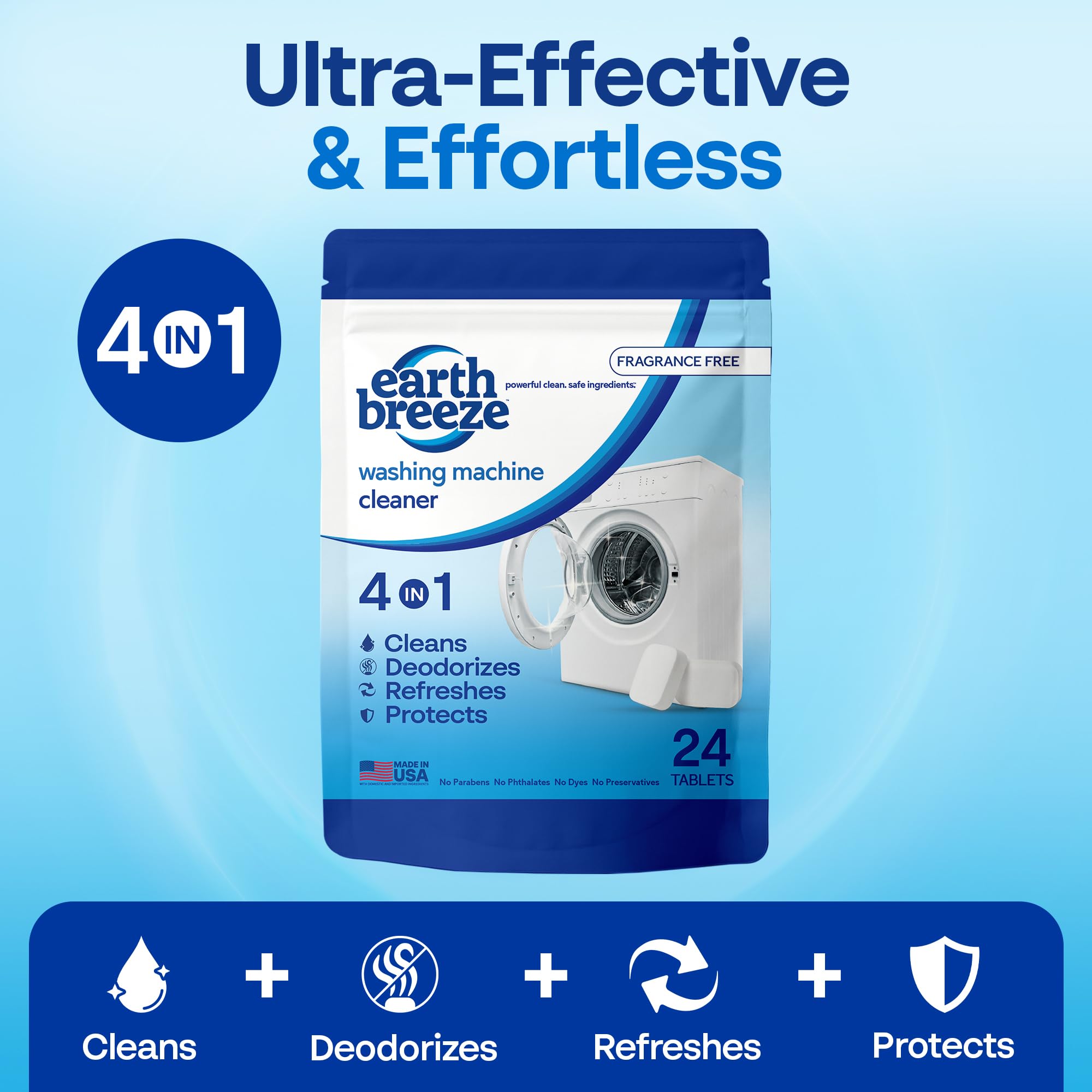 Earth Breeze Washing Machine Cleaner Tablets - 1 Year Supply - Deep Cleans, Removes Odors, Residue & Buildup - Front Load, Top Load & HE Washers