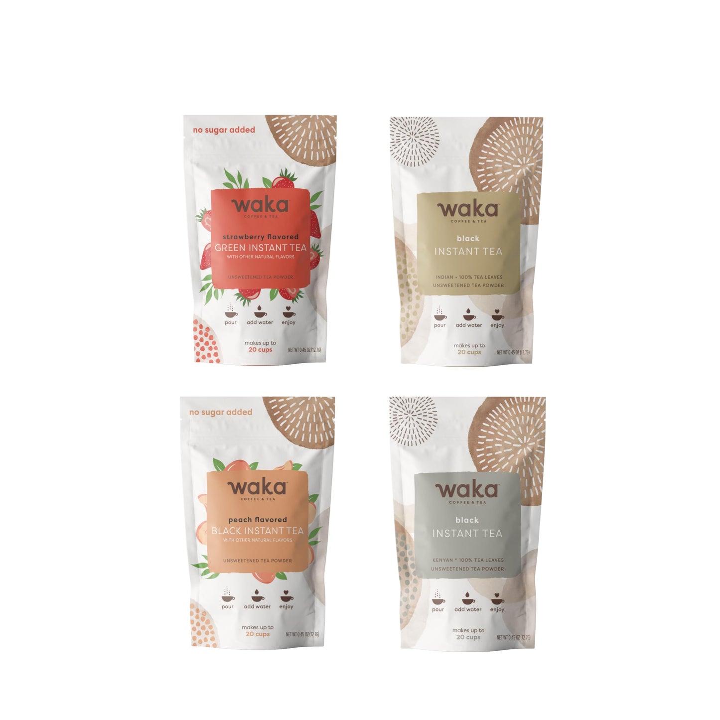 Waka Instant Tea - Black & Strawberry Green Tea Powder Sample Bundle - Unsweetened, No Sugar Added - 100% Tea Leaves - 4 x 0.45 oz Packs (Makes Up