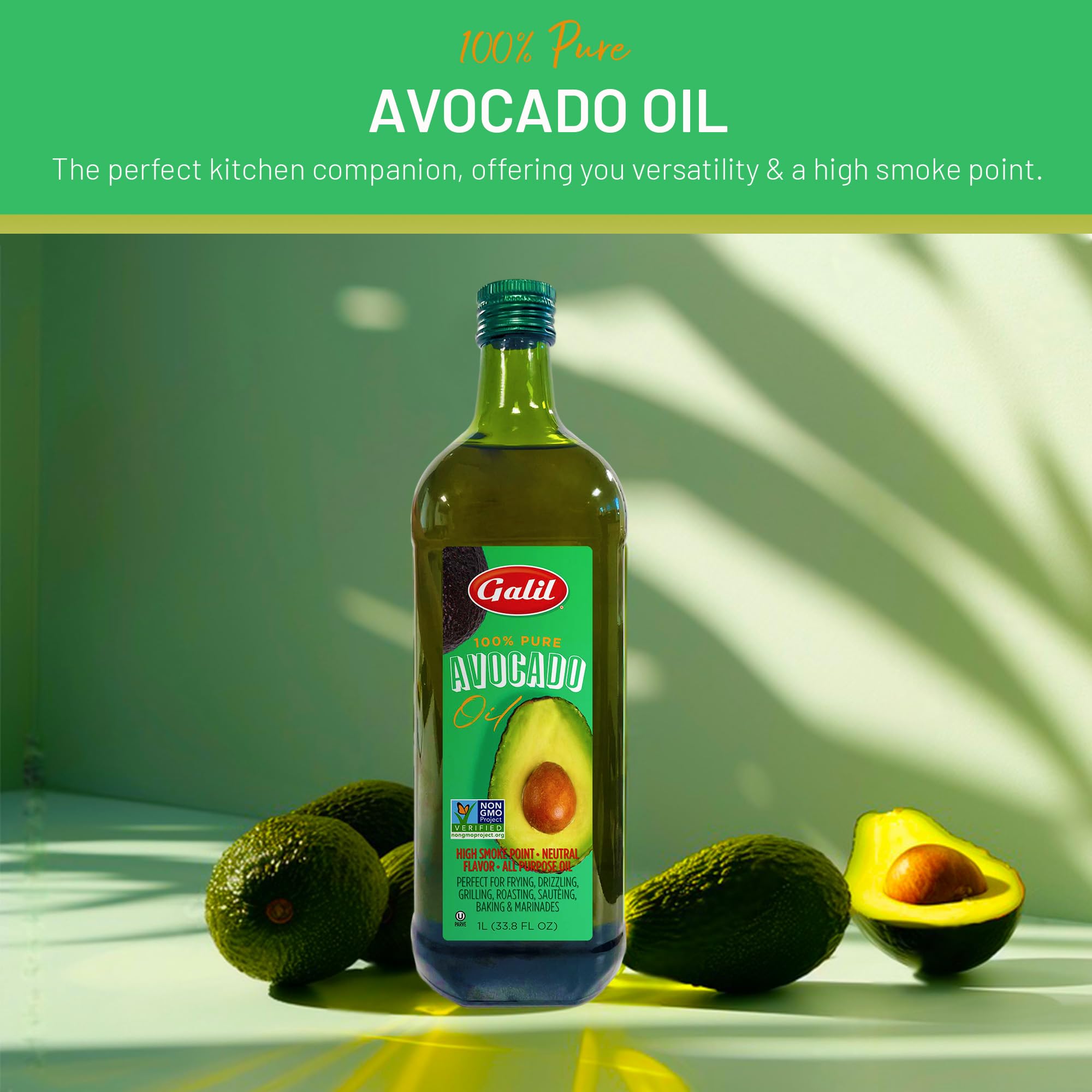 Galil 100% Pure Avocado Oil - High Smoke Point 500°F Non-GMO, Vegan, Halal Certified - Perfect for Cooking, Baking, Sautéing, Dressings & Marinades, Rich in Healthy Fats - 1 Liter Glass Bottle