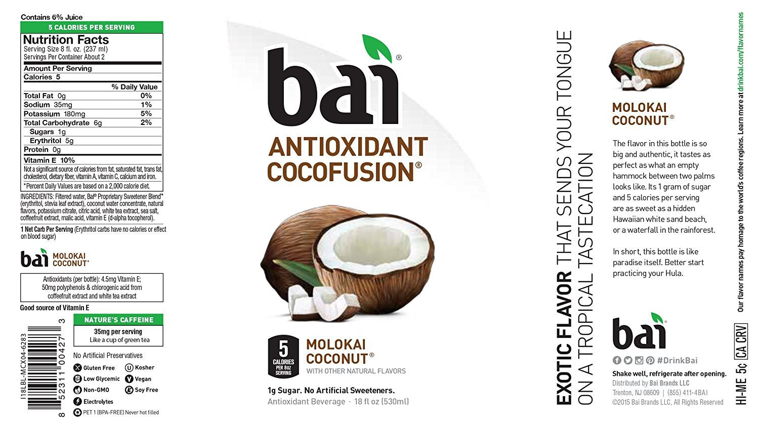 Bai Cocofusions Molokai Coconut, Antioxidant Infused Beverage, 18 Fl. Oz. Bottles (Pack of 6)