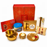 LoveNspire Raksha Bandhan Gift Hamper Set for Brother & Bhabhi - 5 Traditional Rakhi Set with Greeting Card, Chocolates, Scented Candle, Haldi Kumkum