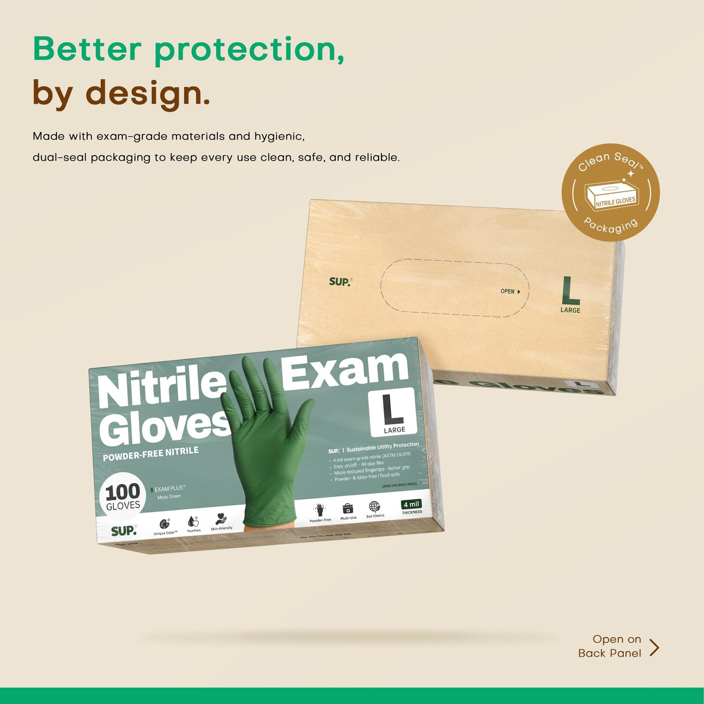 SUP Nitrile Exam Gloves, Powder-Free Latex-Free Food Safe Cooking Cleaning Disposable Medical Glove, Moss Green, 1000 Pcs (Large)