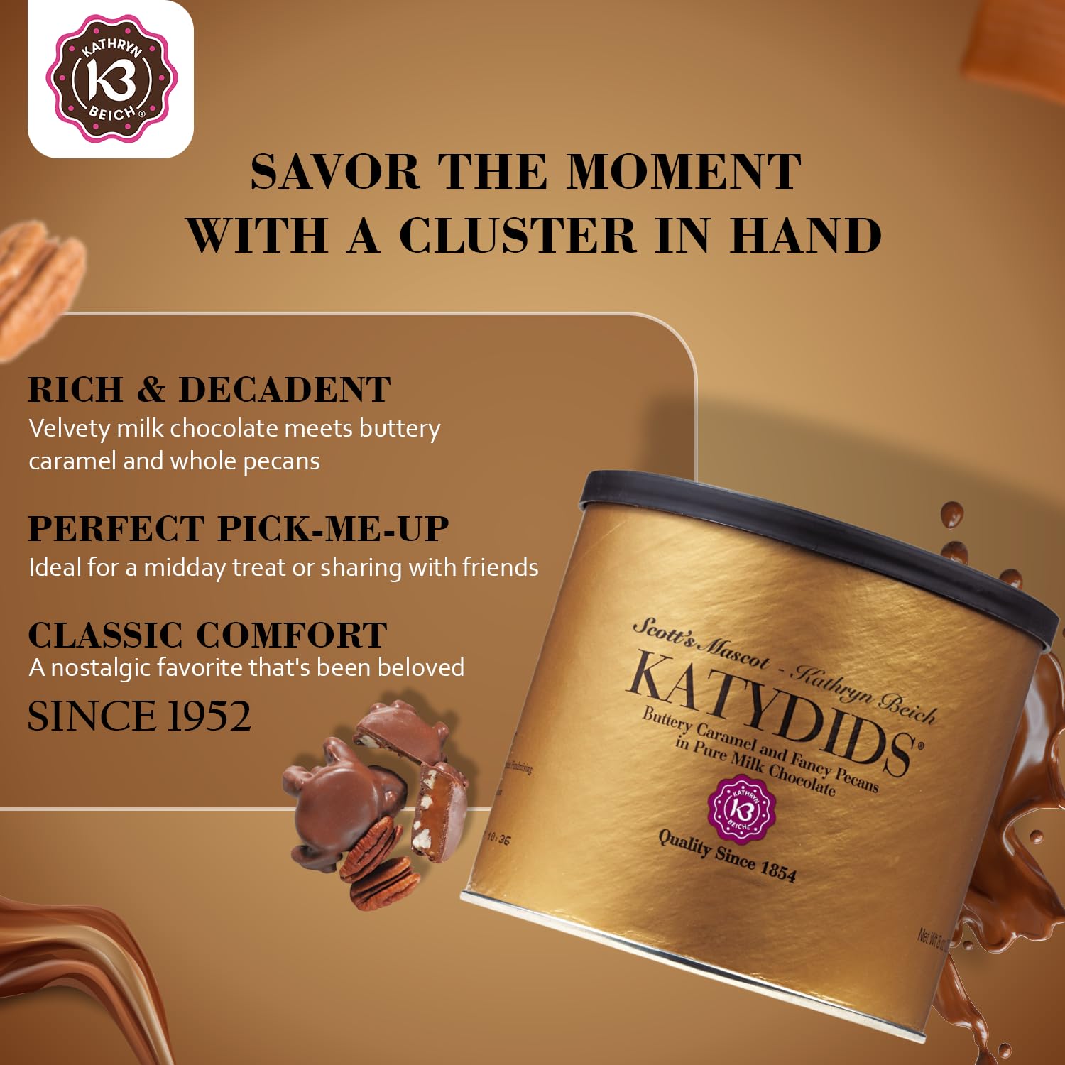 Katydids Candy (3 tins) : Kathryn Biech Original Milk Chocolate Caramel Pecan Clusters. The Turtles in the Famous Gold Tin, 8 Ounce (Pack of 3)