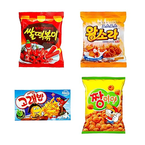 Korean 4 Snacks | Spicy Rice Tteokbokki, Jjangiya, Shell-shape Snack, Marine Boy Treats for Kids, College Students, Adults and Seniors - Journey