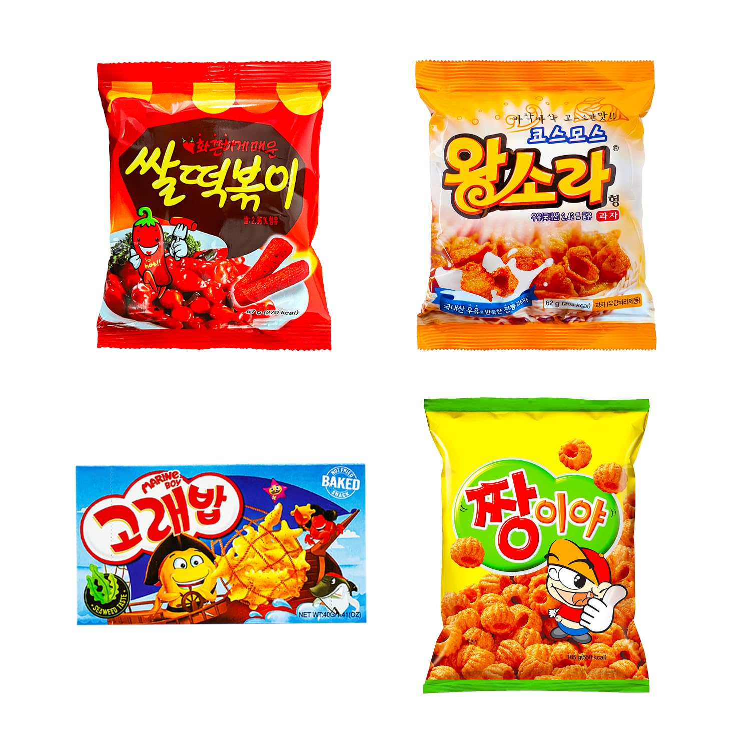 Korean 4 Snacks | Spicy Rice Tteokbokki, Jjangiya, Shell-shape Snack, Marine Boy Treats for Kids, College Students, Adults and Seniors - Journey