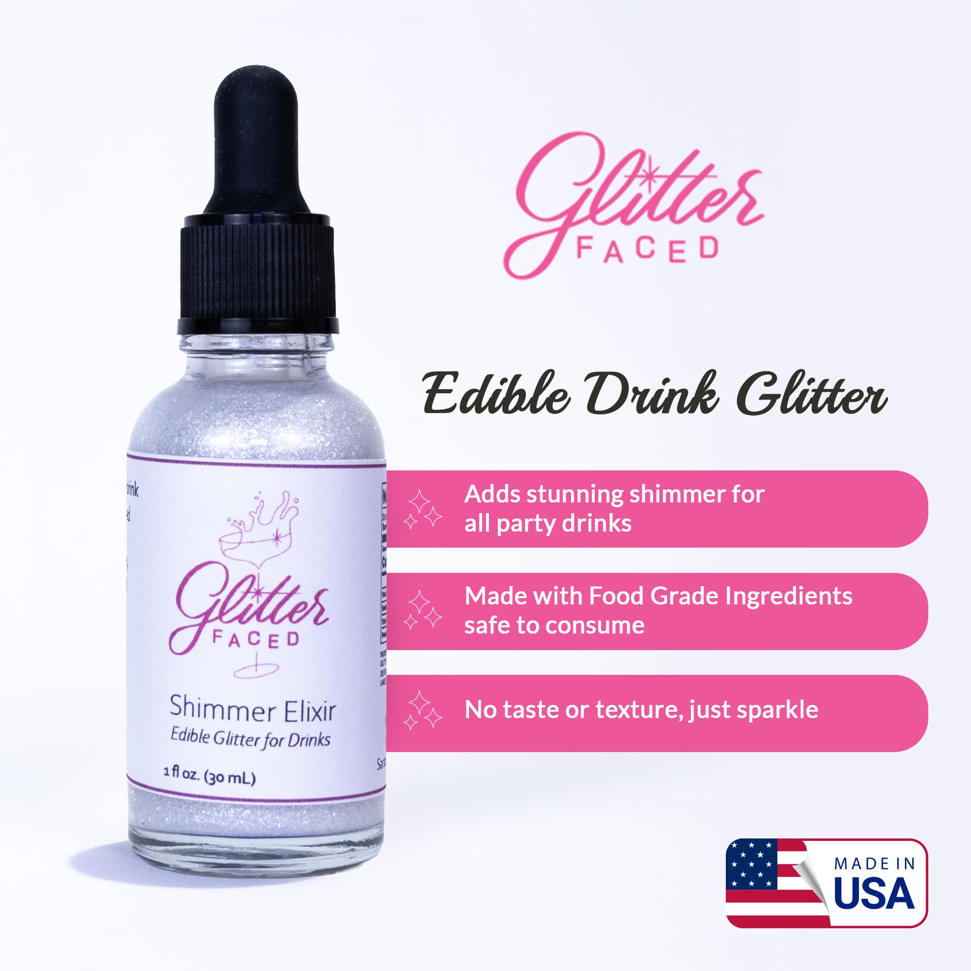 Glitter Faced Shimmer Edible Glitter for Drinks - 0 Calories, No Taste, 30ml Luster Dust for Sparkling Holiday Cocktails, Parties & Events - Made in