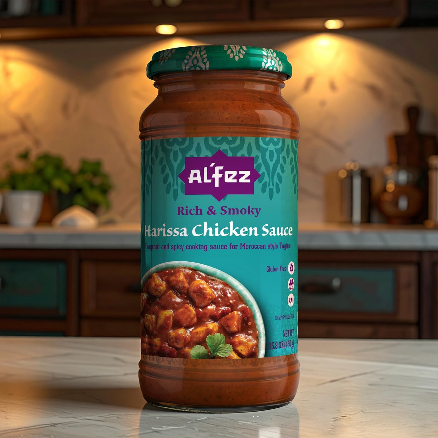 Al’Fez Harissa Chicken Sauce - 15.8 oz (Pack of 3) - Fragrant & Spicy Tomato-Based Cooking Sauce made w/Harissa Paste, Garlic, Red Chilis, Paprika