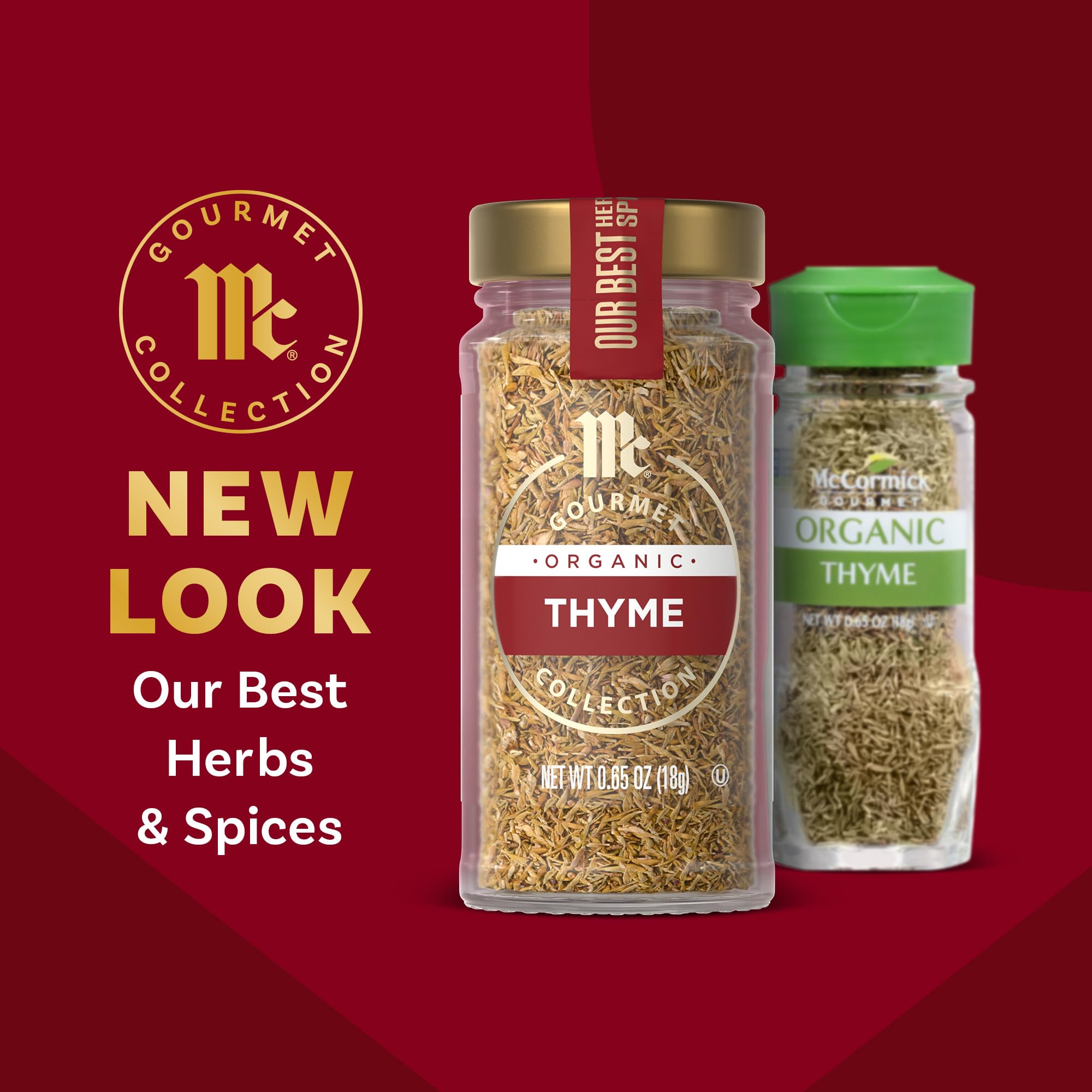 McCormick Gourmet Collection Thyme, Organic, Non GMO, Our Best Herbs & Spices, Warm, Aromatic Flavor Enhances Soups, Stews, Grilled Meats, Vegetables