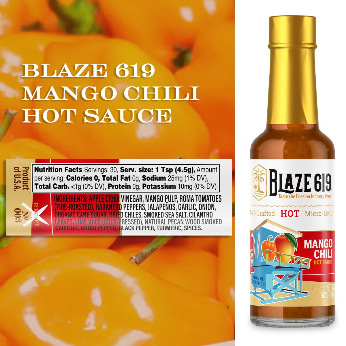 Blaze 619 Mango Chili Hot Sauce - Medium Spicy Handmade All Natural Gluten Free Low Sodium (5 oz.)
