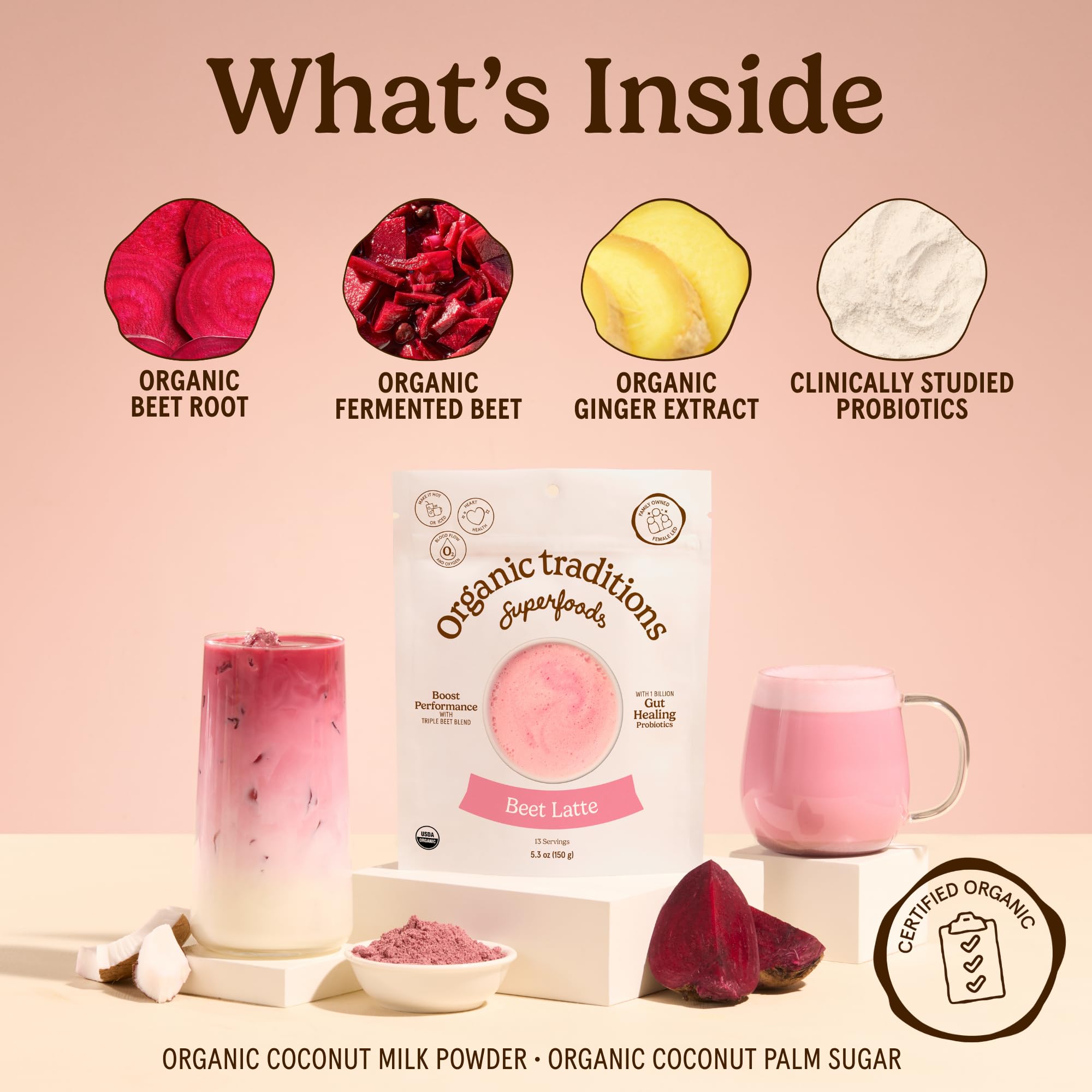 Organic Traditions Superfood Beetroot Latte, Fermented With Beet Root Extract, Beets Powder With Coconut Milk And Ginger, Instant Pink Drink Blend