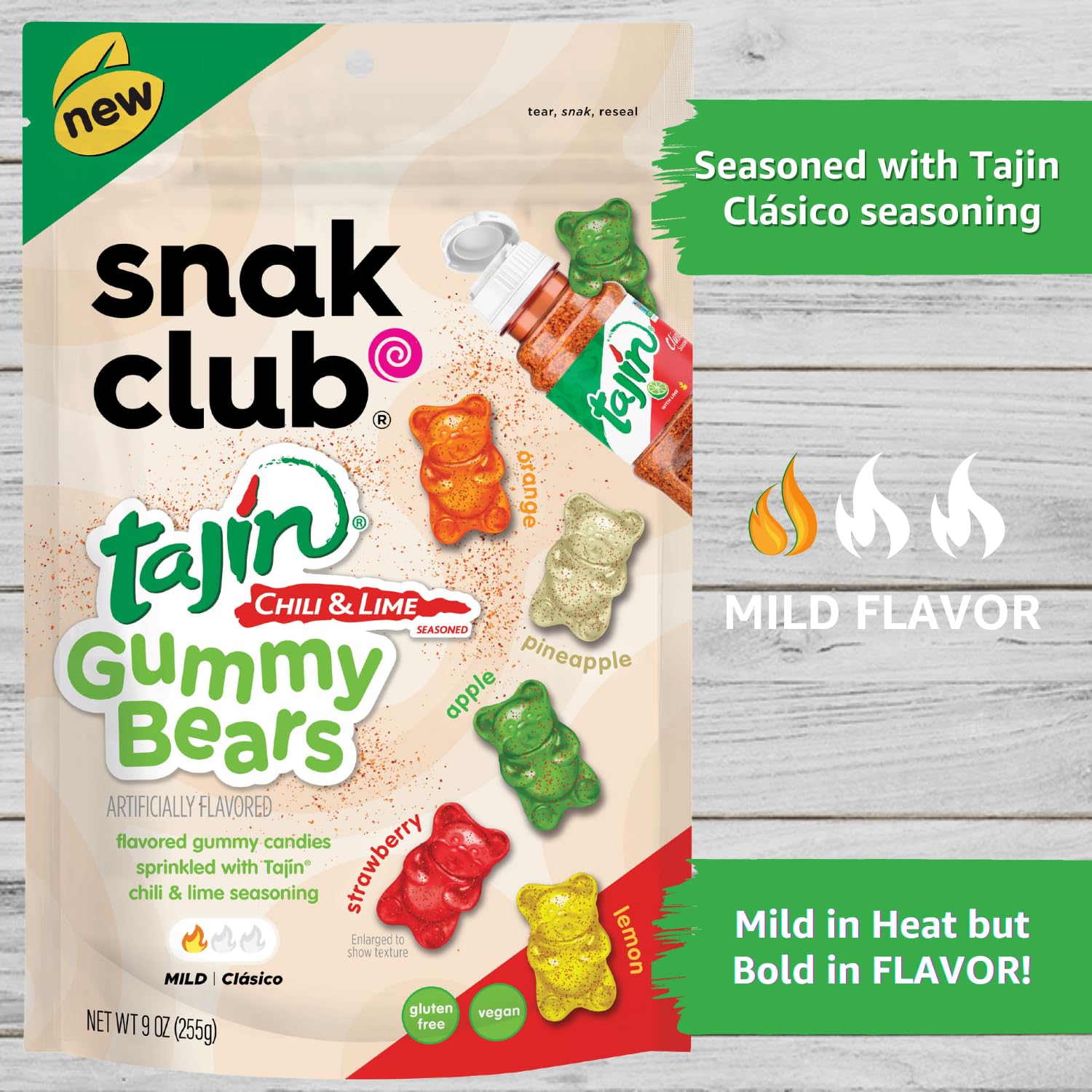 Snak Club Gummy Bears, Tajin Chili & Lime Sweet and Spicy Gummy Candy, Mild in Heat Bold in Flavor, Low-Fat, Vegan, Gluten-Free Snack, 9 oz Large