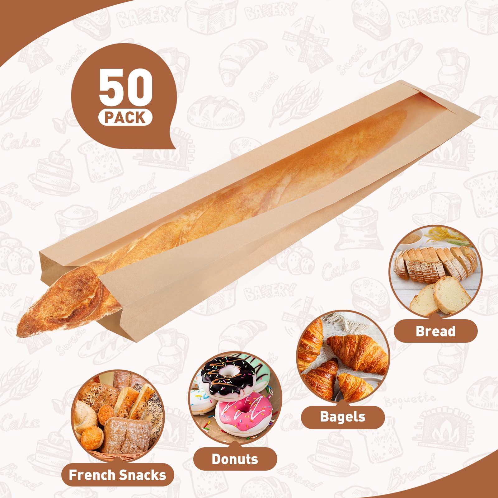 Bakbania 50 Pack Baguette Bags with Stickers Paper Bread Loaf Packing Bags with Window for Homemade Bread