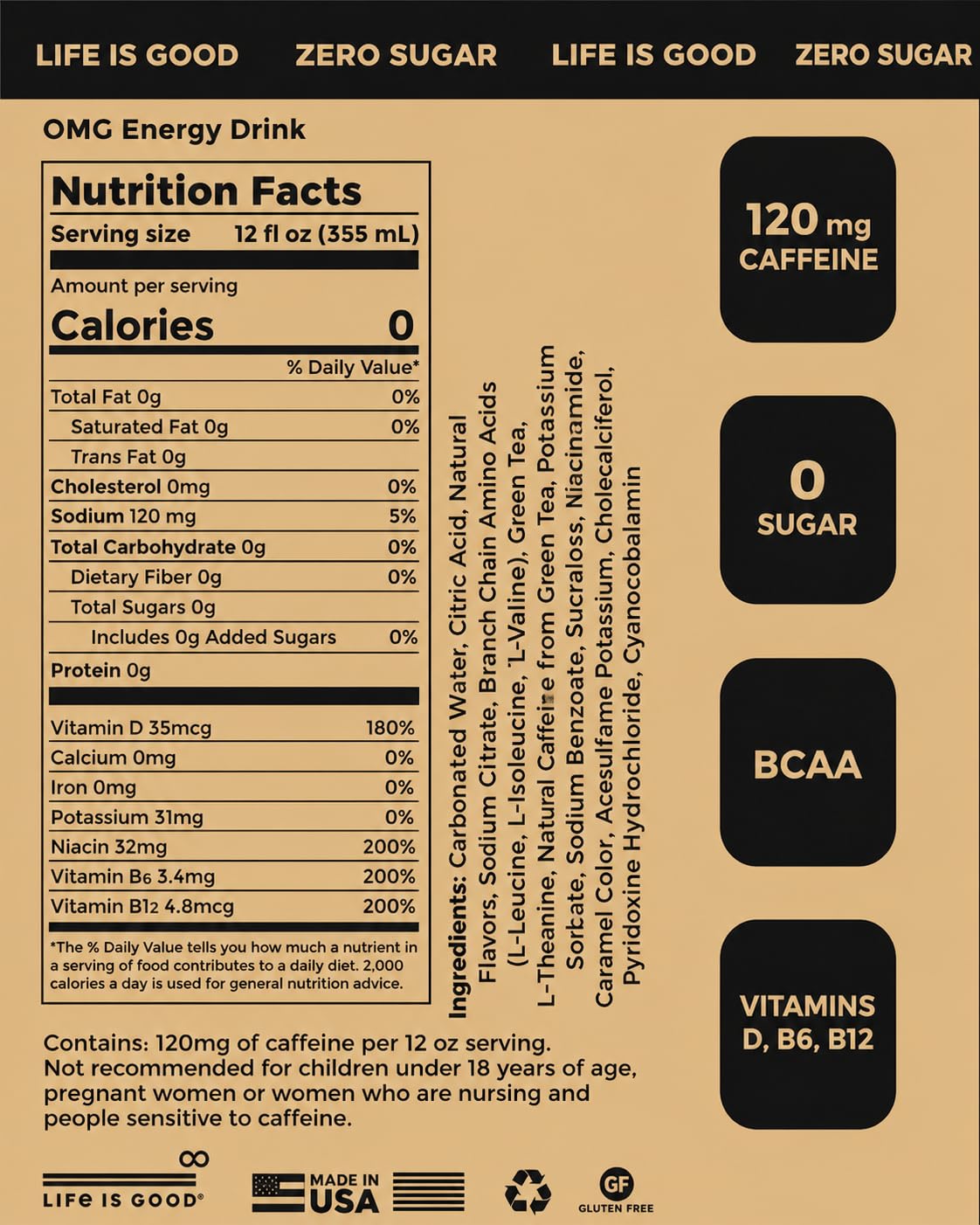 OMG Energy Drink Sugar Free, 120mg Natural Caffeine, 12 Pack - BCAA & Vitamins
