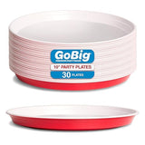GoBig Red Plastic Disposable Plates - 30 Count 10 Inch - Round Heavy Duty Red Cup Party Plates