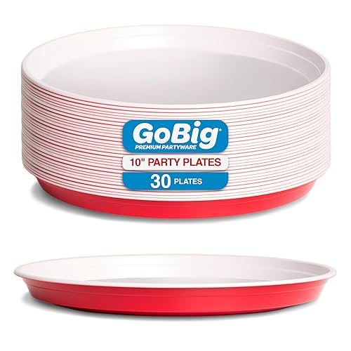 GoBig Red Plastic Disposable Plates - 30 Count 10 Inch - Round Heavy Duty Red Cup Party Plates