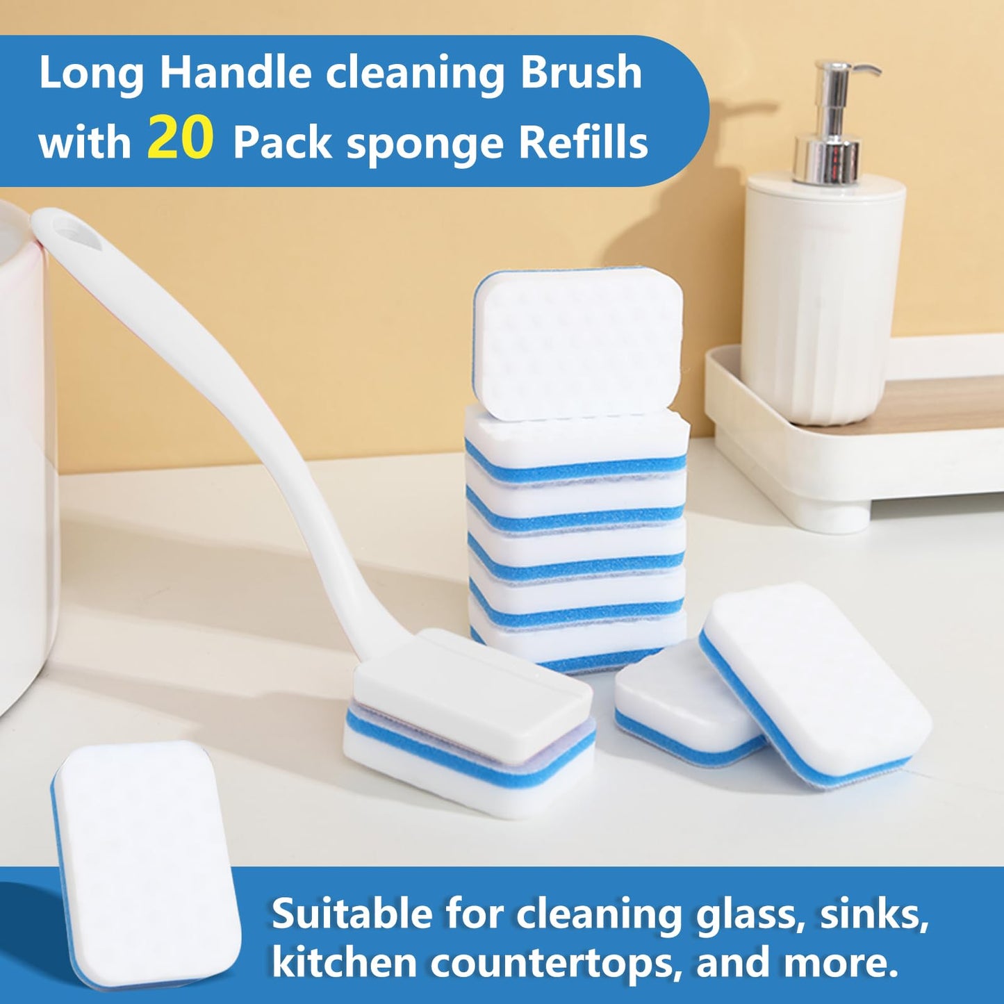 Magic Sponge Eraser Brush with Handle - 20 Pack Replacement Pads, Easy Swap Hook & Loop Fastener, Cleaning Tool for Kitchen, Bathroom, Tile, Sink