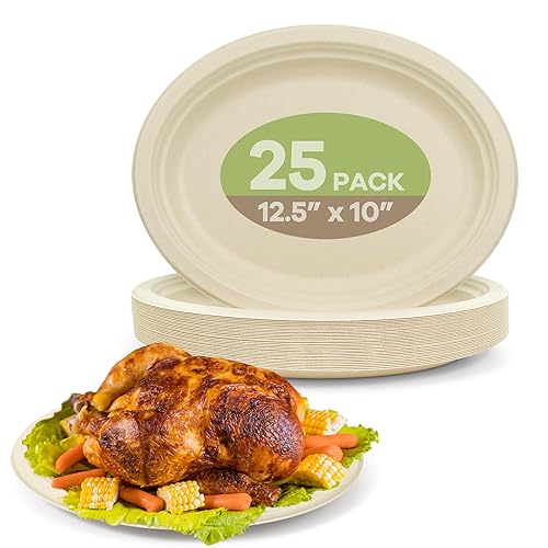 FEHHTO Compostable Oval Paper Plates, 12.5Inch 25Pack Disposable Heavy Duty Bagasse Platters Eco-Friendly Biodegradable Sugarcane Plates for BBQ