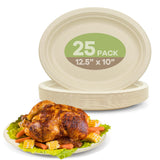 FEHHTO Compostable Oval Paper Plates, 12.5Inch 25Pack Disposable Heavy Duty Bagasse Platters Eco-Friendly Biodegradable Sugarcane Plates for BBQ