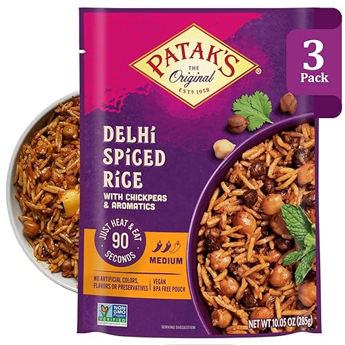 Patak's Delhi Spiced Rice, Fragrant Basmati with Chickpeas, Onion & Tomato, Kosher, Vegan Microwavable Meal Ready in 90 Seconds, For Quick Lunch or