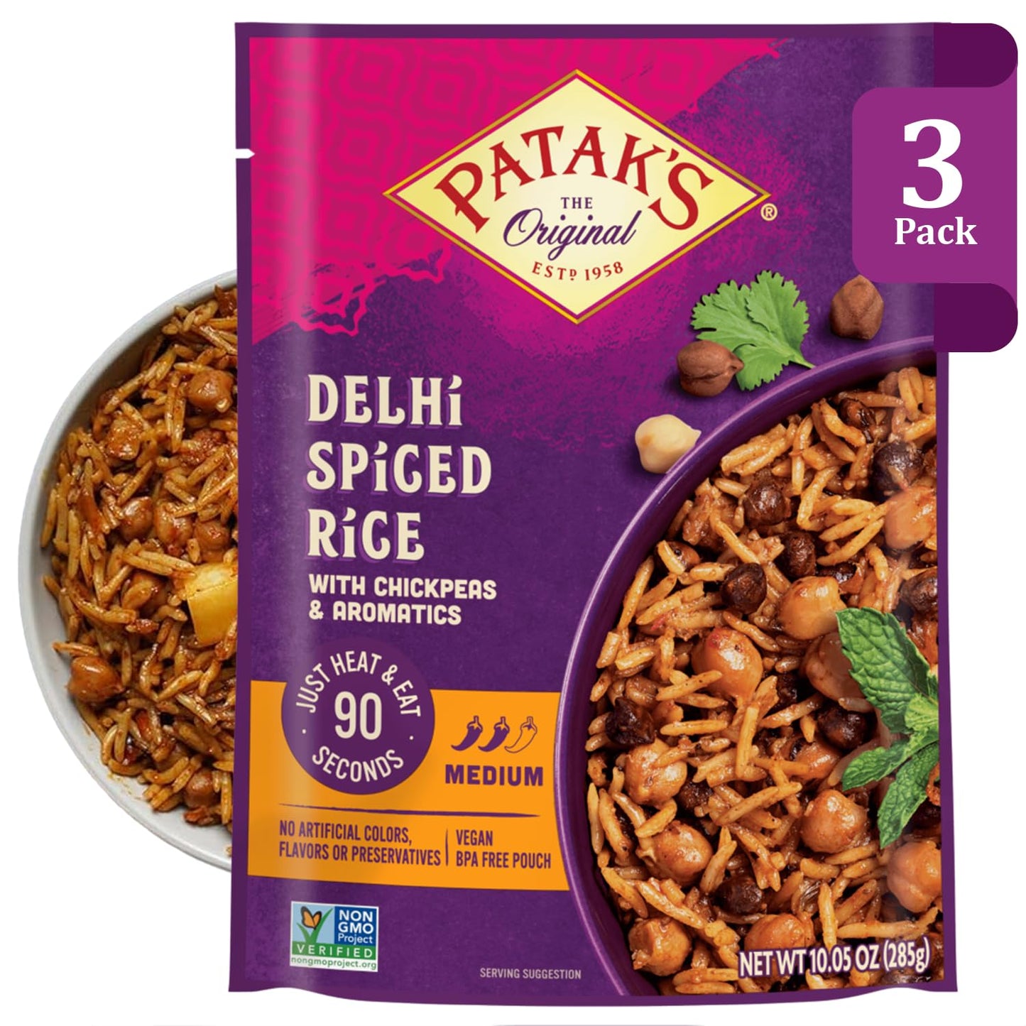 Patak's Delhi Spiced Rice, Fragrant Basmati with Chickpeas, Onion & Tomato, Kosher, Vegan Microwavable Meal Ready in 90 Seconds, For Quick Lunch or