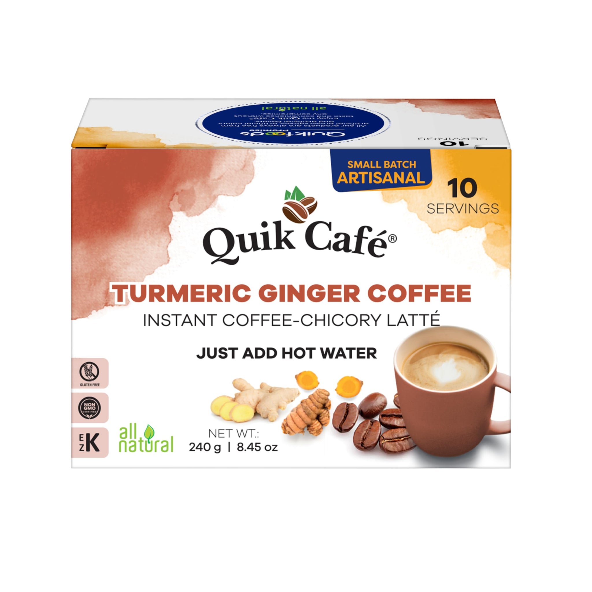QuikCafé Instant Turmeric Ginger Coffee - 10 Count, Bold Turmeric Ginger Flavor Coupled With a Unique Coffee-Chicory Blend, No Preservatives, Just Add