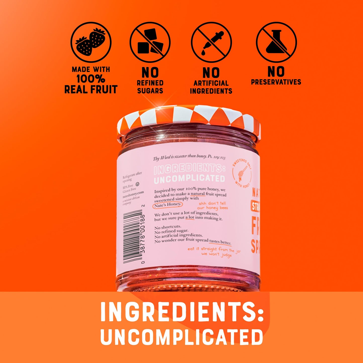 Nate's Honey Fruit Spread, All-Natural Strawberry - Made with Real Strawberries & No Refined Sugar - Sweetened with 100% Pure Honey - 10 oz Jar
