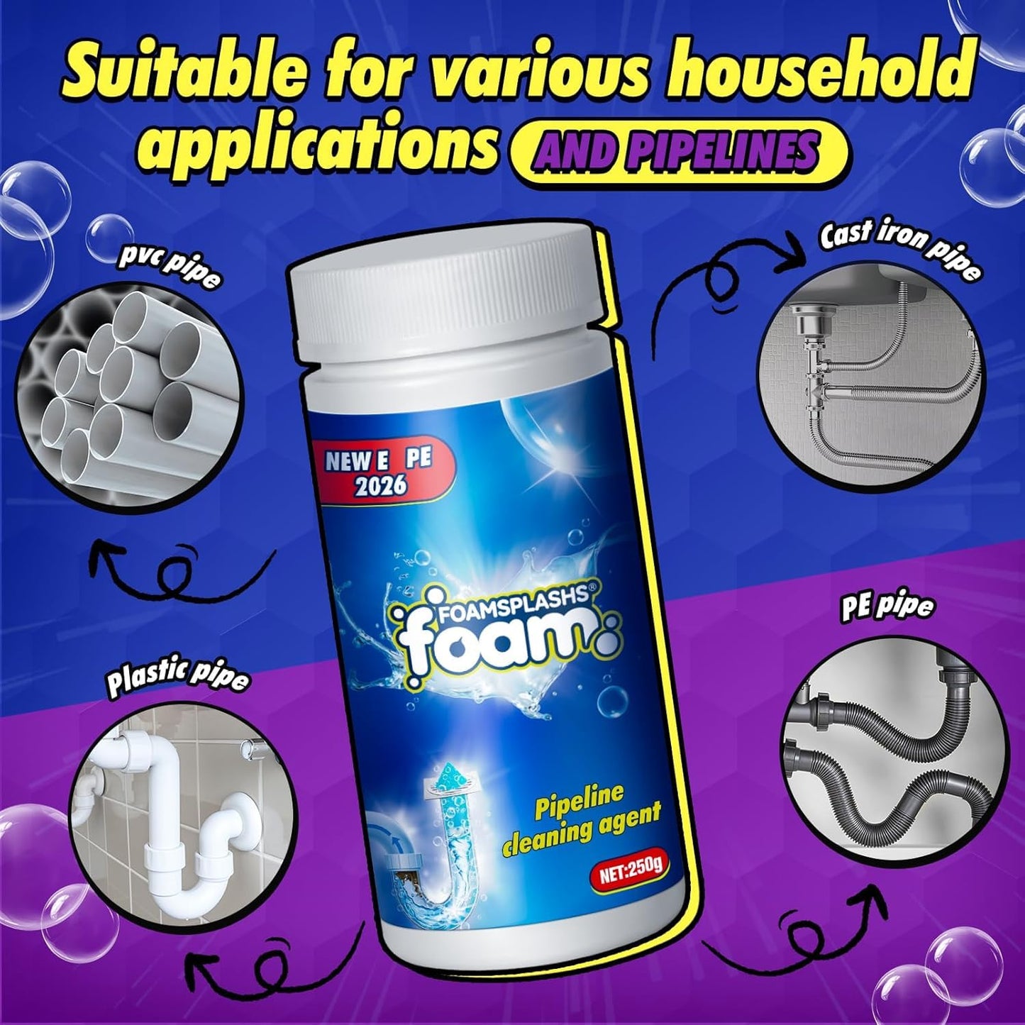 Drain Cleaner, Drain Clog Remover, Pipeline Dredging Agent, Powerful Pipe Dredging Agent, Powerful Sink & Toilet & Kitchen & Bathroom Cleaning 4 in 1