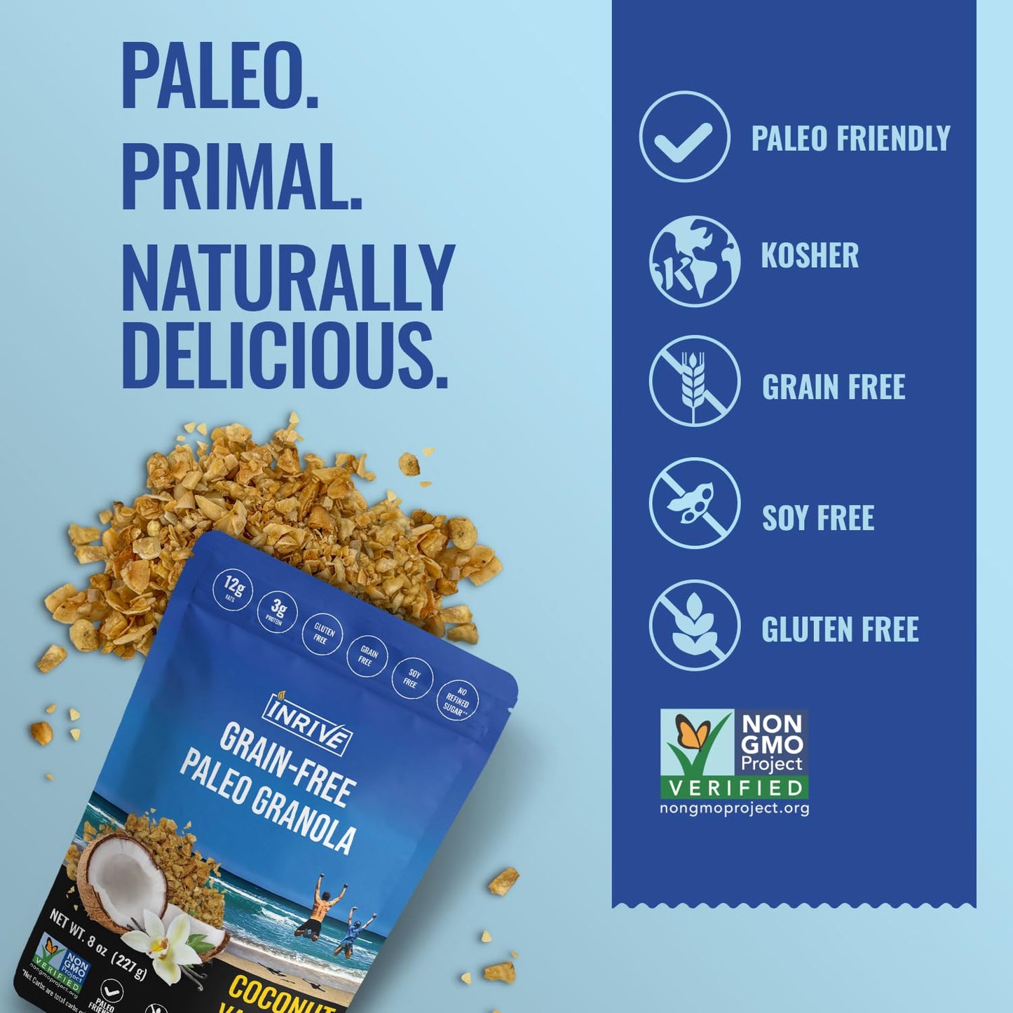 Inrive Paleo Grain Free, Gluten Free Granola (Coconut Vanilla), Non GMO, No Refined Sugar, Soy-Free, Kosher, 3 Pack, 8oz