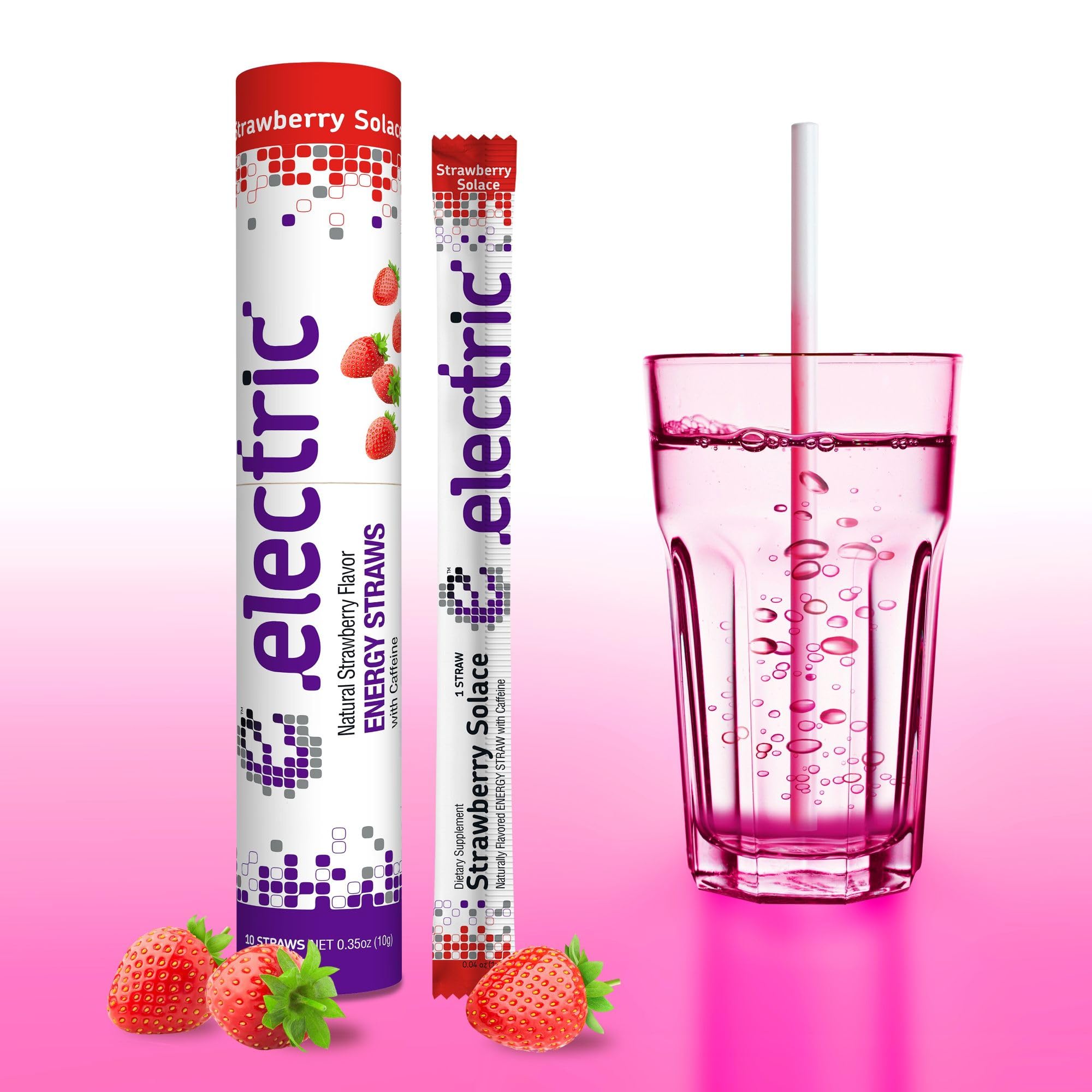 Electric Energy Drink Straws - Strawberry Solace 10 Straws - 100mg Caffeine, L-Theanine, B Vitamins - Zero Sugar, Zero Calories