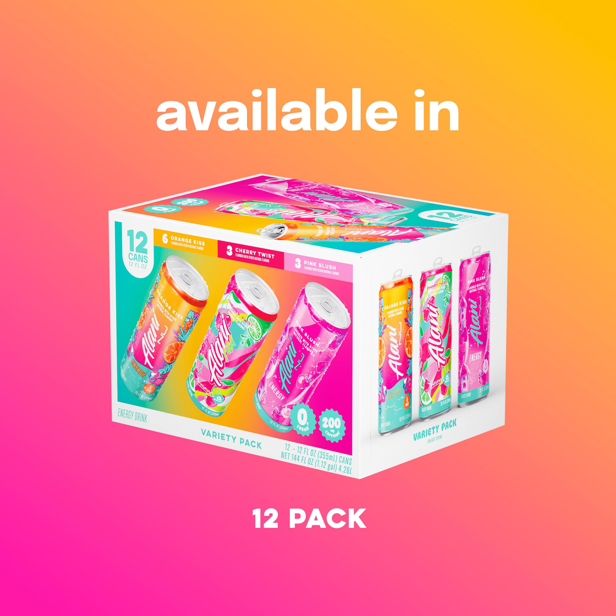 Alani Nu VARIETY PACK CHERRY TWIST, PINK SLUSH, ORANGE KISS Sugar Free, Low Calorie Energy Drinks, 200mg Caffeine, Biotin B Vitamins, Zero Sugar, 10