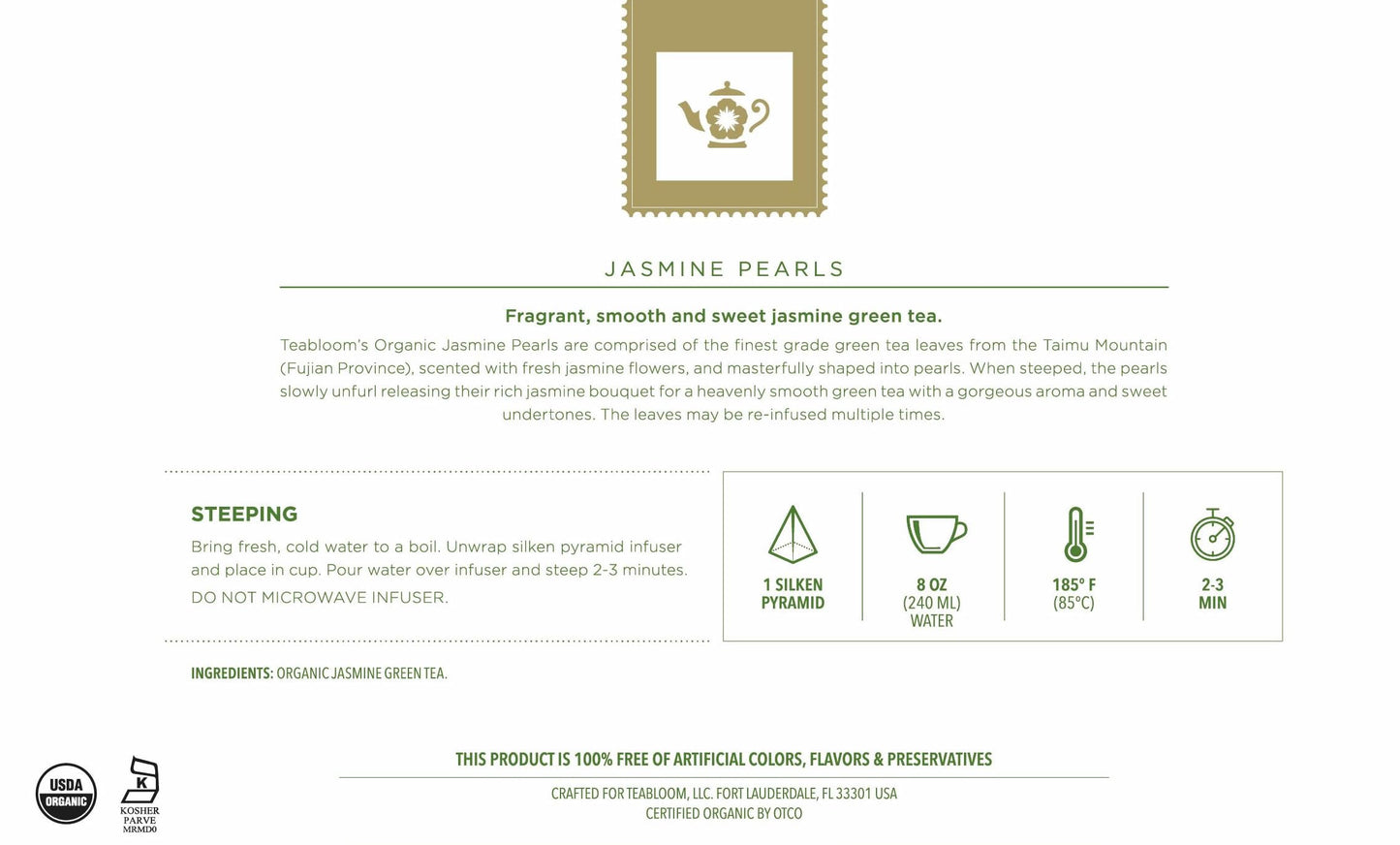 Teabloom Jasmine Pearls - USDA Organic Jasmine Green Tea in Plant-Based Pyramid Sachets - Luxury Tea Gift Box with 12 Compostable Sachets - Kosher