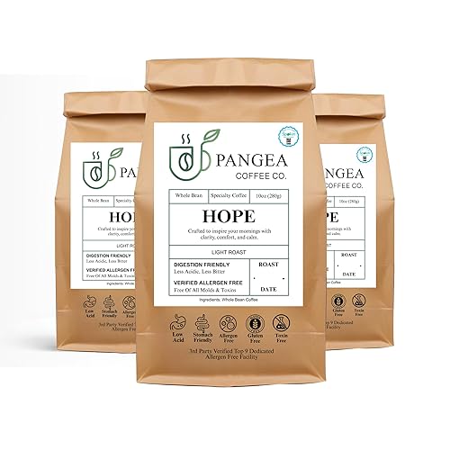 Pangea Coffee Hope Light Roast 3-Pack Bright, Smooth, Low Acid Coffees Organic, Allergen-Free, Specialty Grade Arabica, Fresh Roasted Whole Bean, 3 x